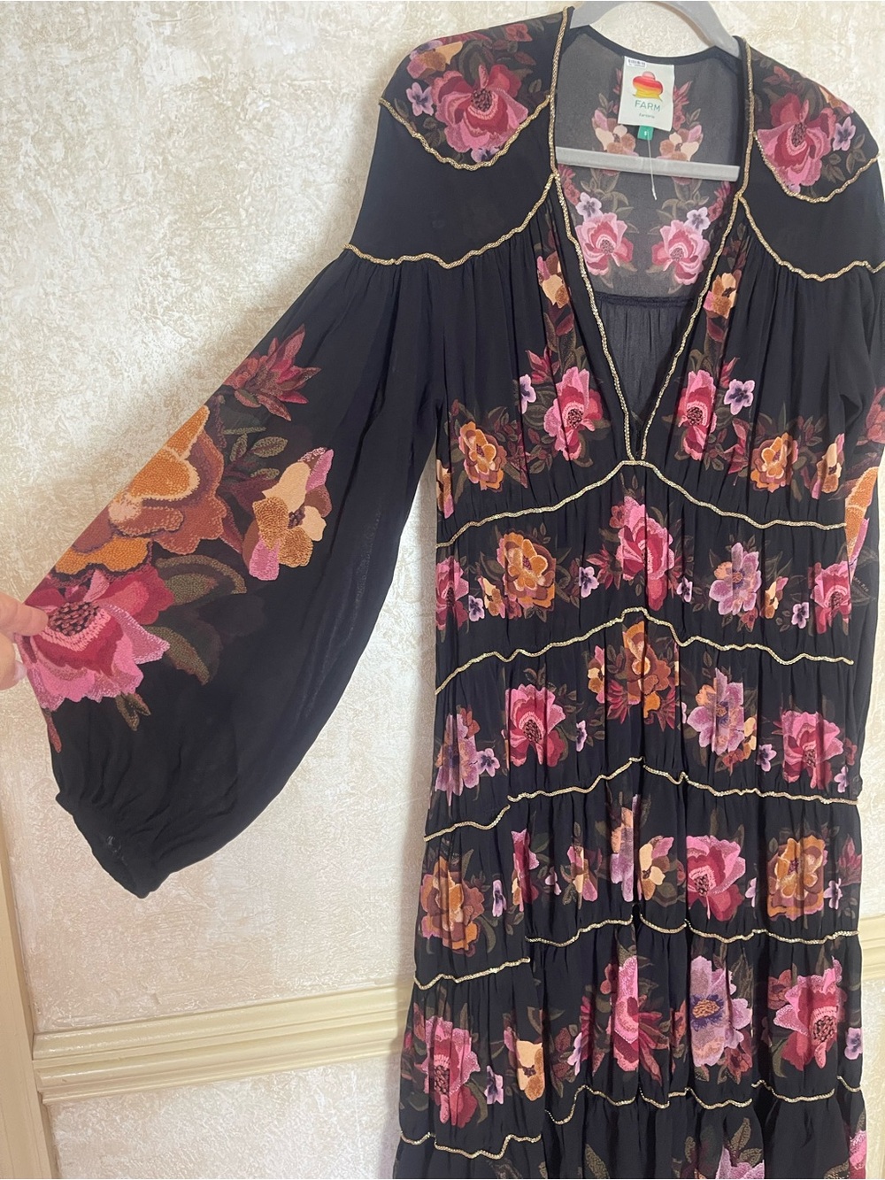 Farm Rio Black Chenille Flowers Long Sleeve Maxi Dress S Cottagecore Whimsigoth - Picture 4 of 13